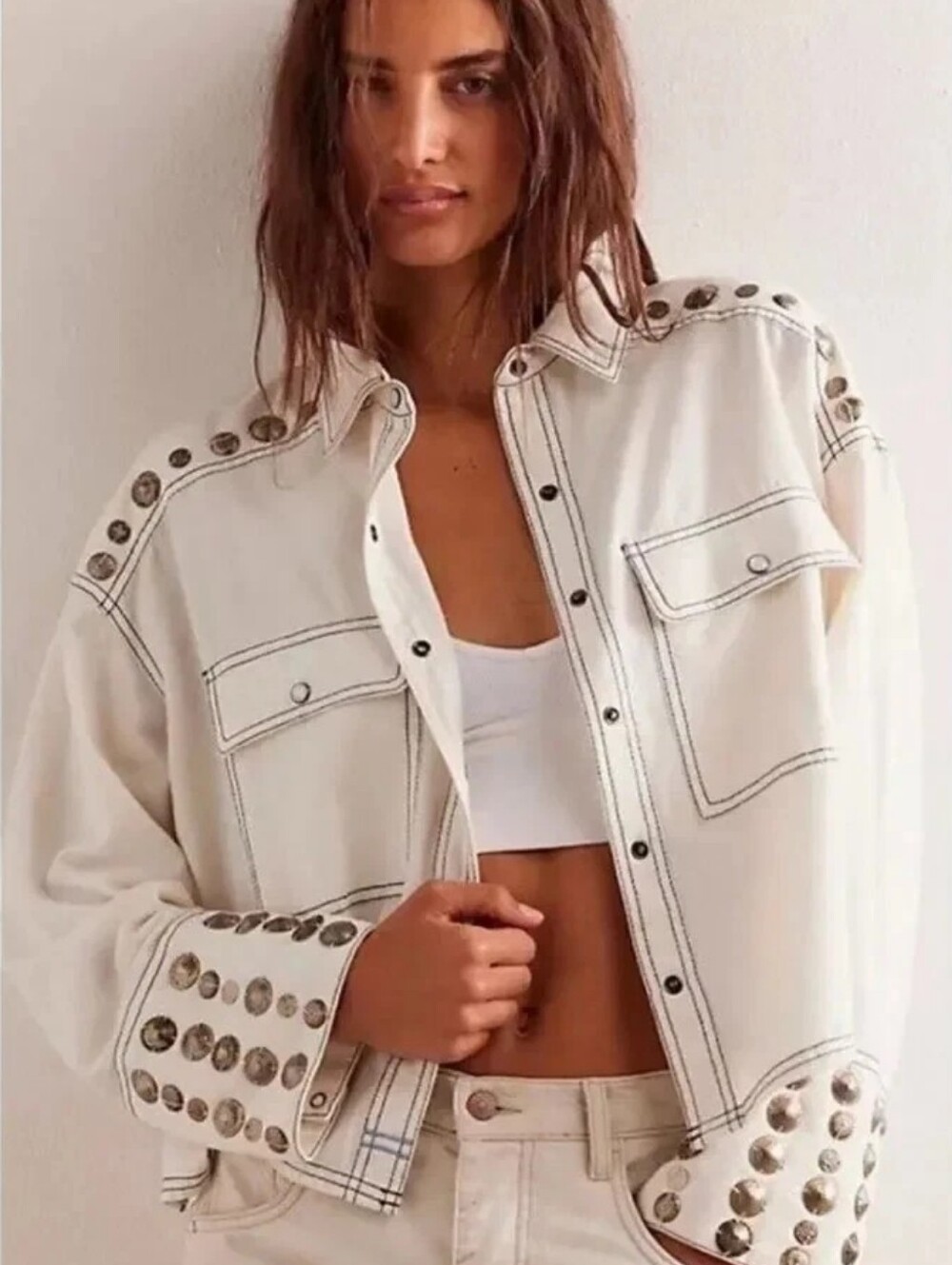 We The Free Austin Denim Jacket, Ivory, Western Studded Shirt Jacket, M - Picture 3 of 12